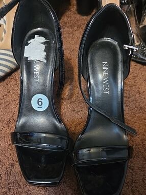 Nine West Black Patent Strappy Block Heel Sandals